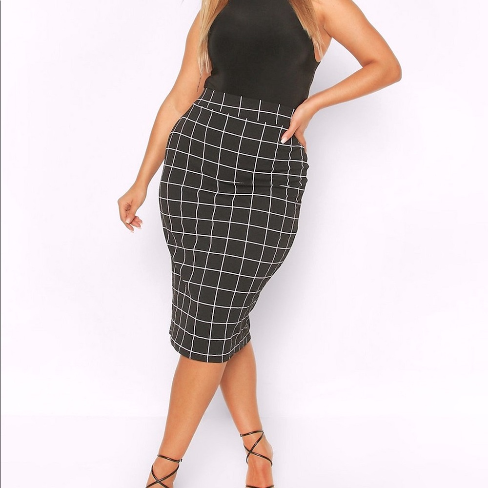 BooHoo Plus Grid Check Midi Skirt